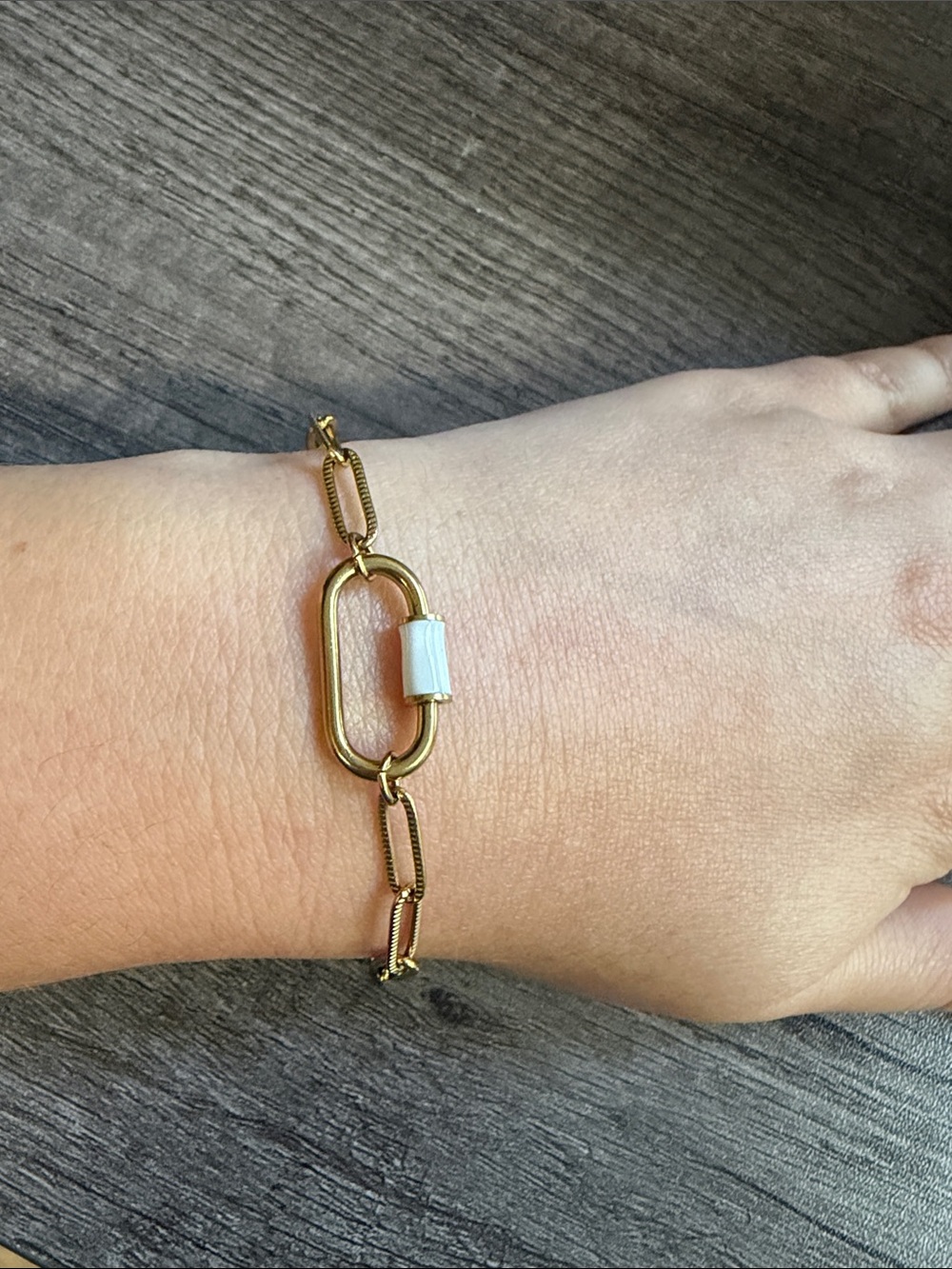 Gold plated stainless steel paper clip chain bracelet w/gold & white front link